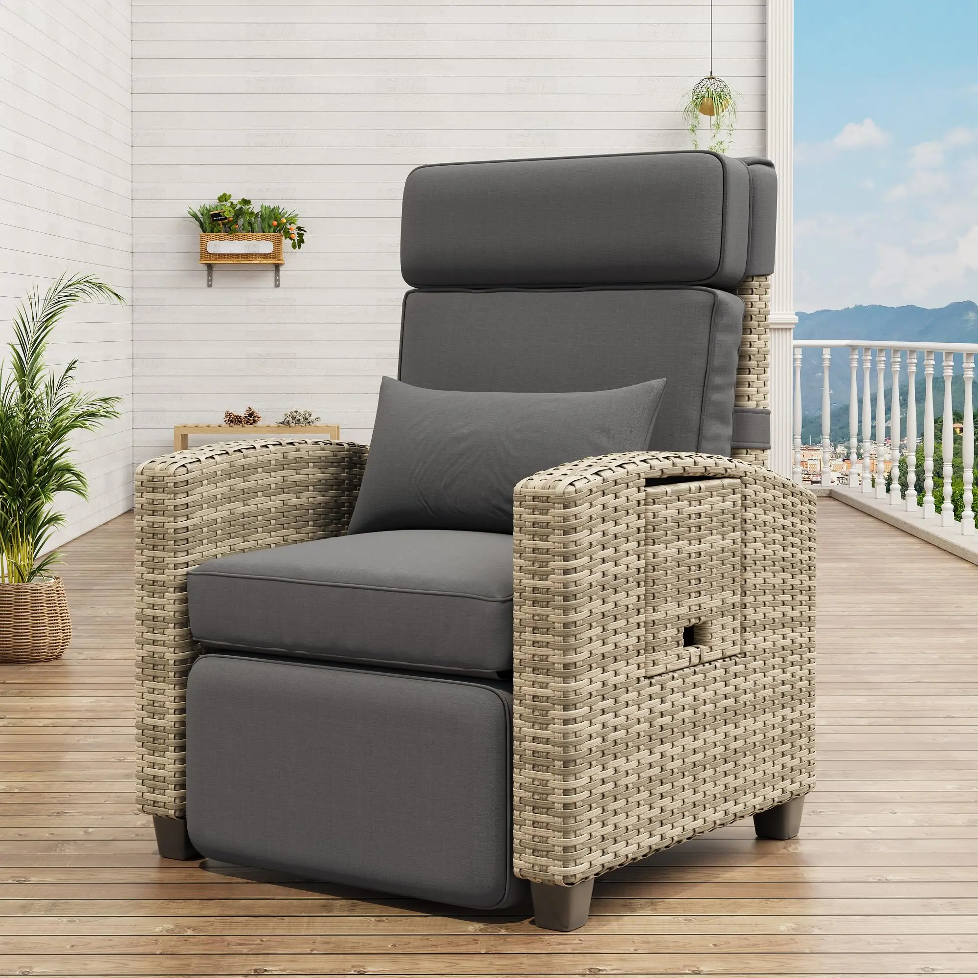 Grey Adjustable Wicker Patio Recliner Chair - Outdoor Wicker Furniture, Patio Outdoor Chairs, 150° Lay-Flat Backrest & Footrest, Stable Steel Frame, Removable Thick Water-Resist Cushion, Flip-Up Side Table - Indoor Lounge Use