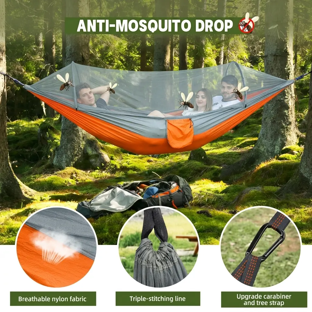 Automatic Quick-Open Camping Hammock with Mosquito Net, Shape-Memory Support Poles, Heavy Duty Parachute Nylon Tree Hammock Tent with Reinforced Straps & Smooth Carabiners for Backpacking Hiking
