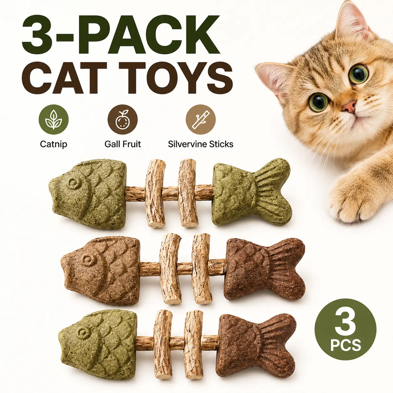 Organic Fish Bone Shape Wood Cat Toy with Dual Aroma Catnip-Silvervine - Interactive Boredom Buster Dental Chew Stick for Teeth Cleaning, Breath Freshening, Anxiety & Boredom Relief, Mood Boosting for Cats