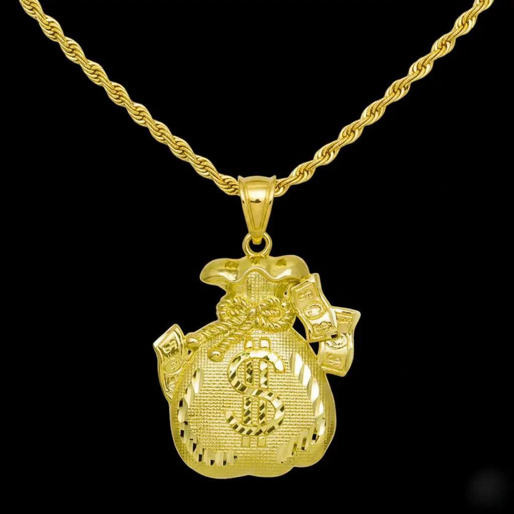 MaxBling81 14K Gold Plated High-End Brass Money Bag Pendant Charm with 3mm 18" 20" 24" Long Rope Chain Necklace, Polished
