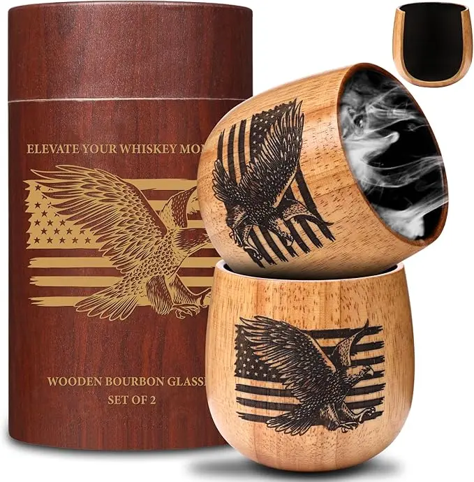 Father's Day gift Original Oak Charred Whiskey Glass - Handcrafted Engraved Oak Whiskey Tumbler, Unbreakable Old Fashioned Glass, Unique Wooden Bourbon Drinking Glass for Men