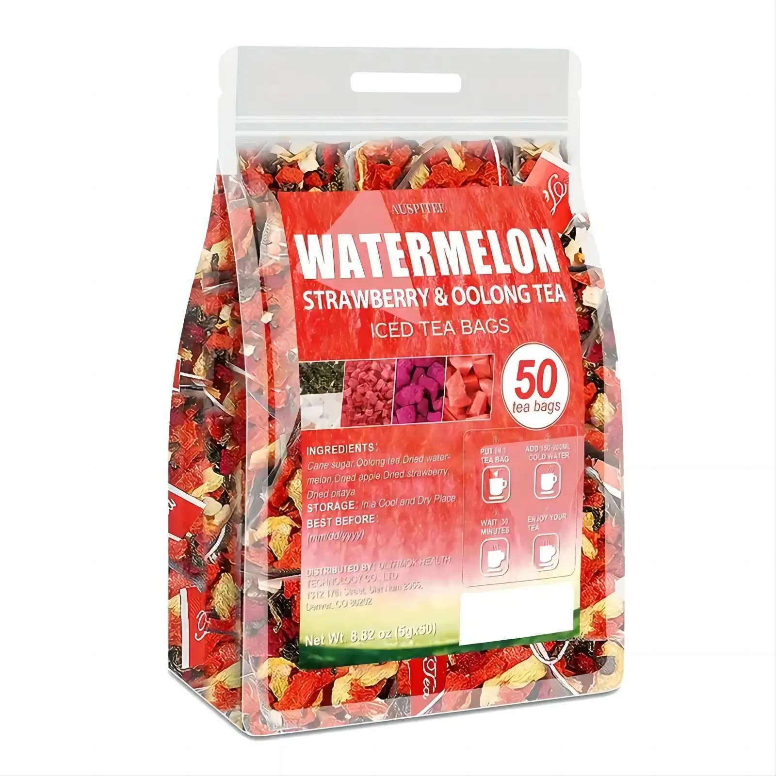 Watermelon Oolong Tea 8.82oz/250g No Additives Dried Watermelon Pieces Apples Strawberry Crush Dragon Fruit Iced Tea Bags Beverage
