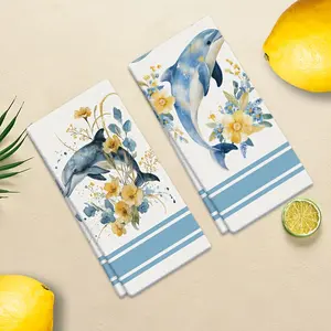 2pcs 23.6x15.7 In Ultra-Soft Microfiber Dish Towels Suitable & Bath - Absorbent Marine-Themed & Floral Towel Set With Dolphin Patterns Blue Decorative Cloths For Cooking Baking Parties Easter Gifts