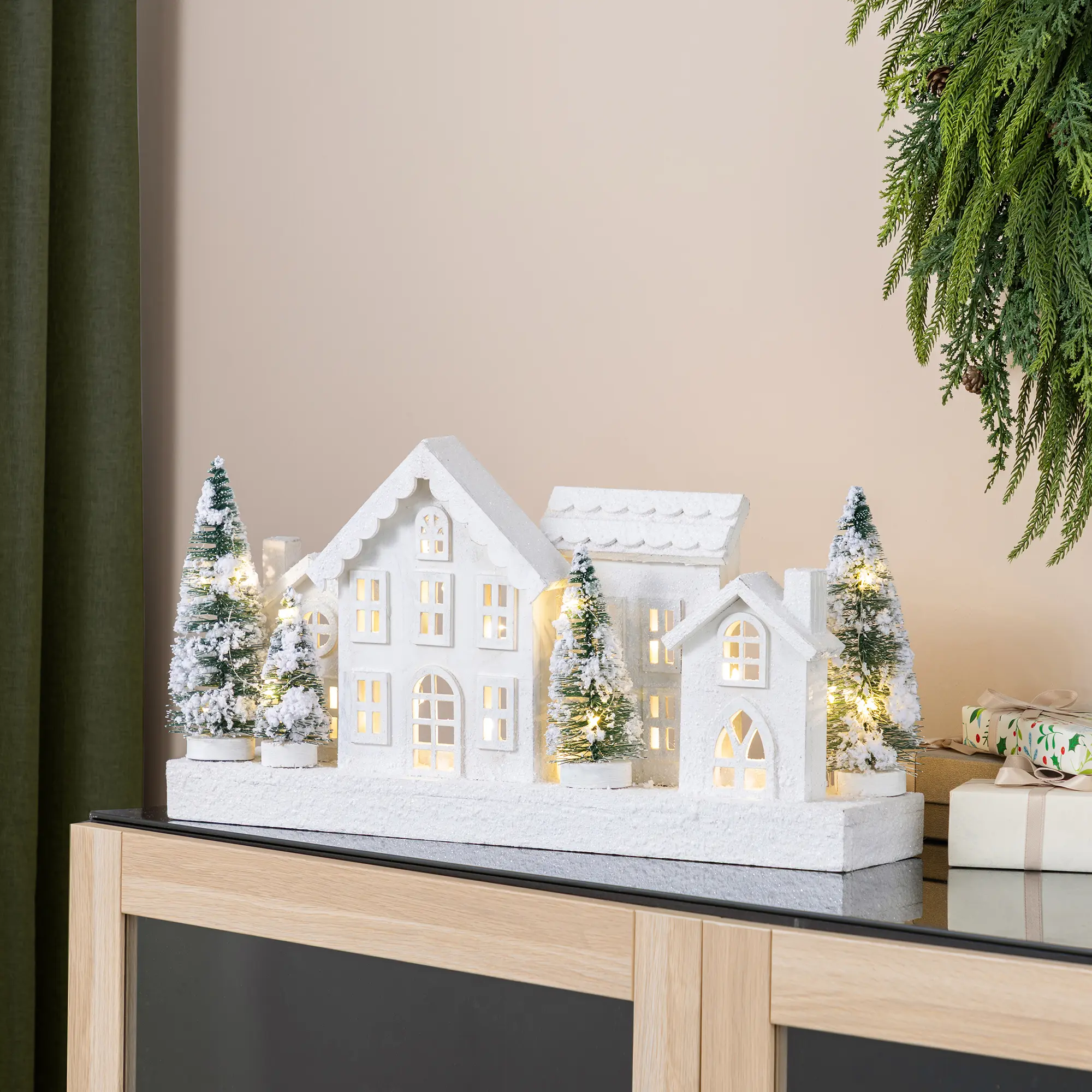 Glitzhome 20in Pre-Lit LED Magical Traditional Irregular Christmas Wooden Snowed Village Set, Festive Home Table Decor