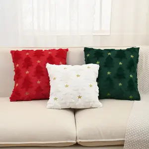 Set of 3 Christmas Pillow Covers 18x18, Red Green White Tree & Star Design, Soft Plush Cushion Cases for Sofa, Chair, and Bedroom Decor