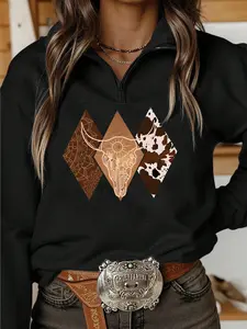 Women's Casual Style Half-Zip Sweatshirt, Diamond Graphic & Cow Head Print, High Neck, Loose-Fitting, Lightweight Comfort, Perfect for Everyday Leisure Wear