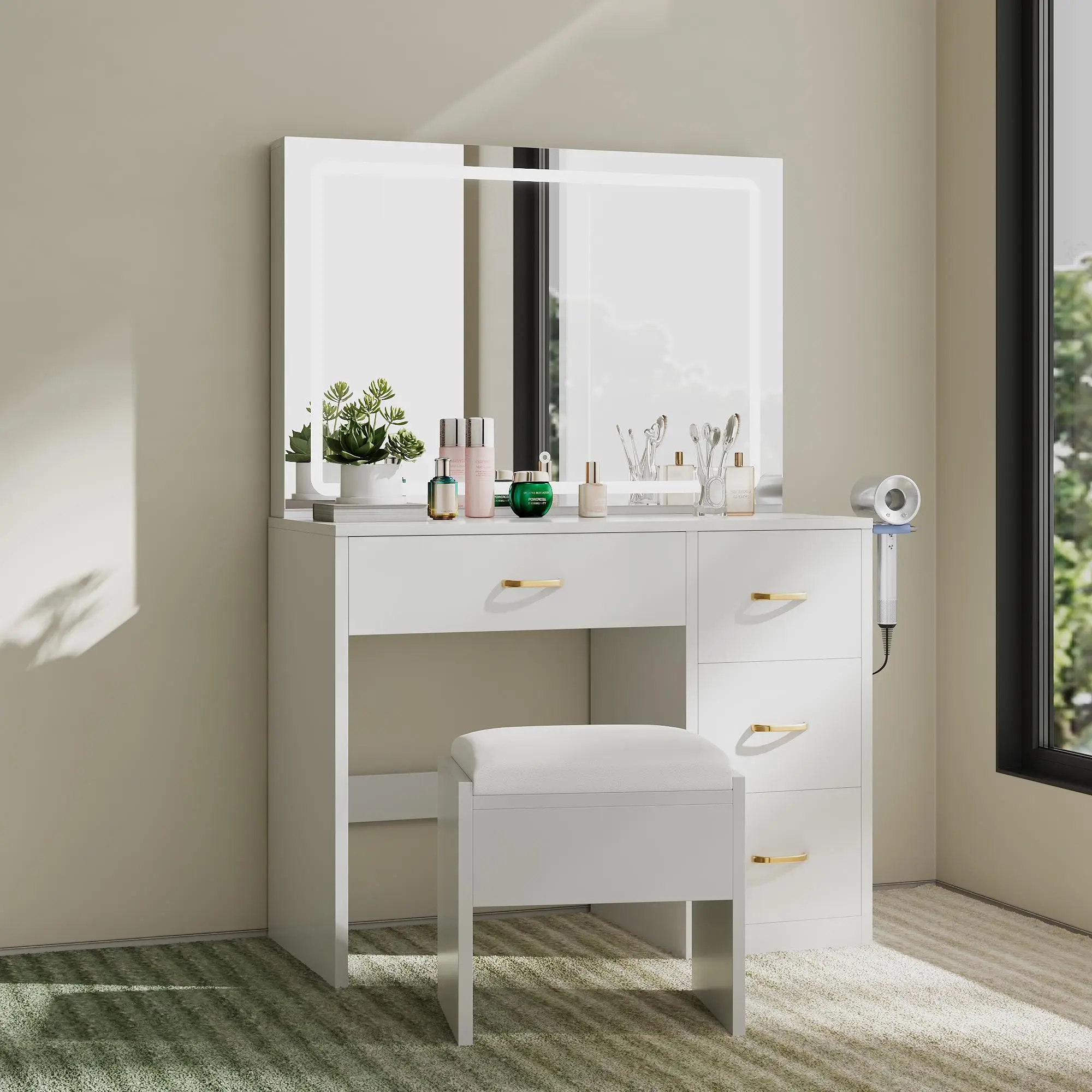 YITAHOME Makeup Vanity Desk with Large Lighted Mirror with Power Outlet and LED Strip, 3 Color Lighting Modes with Adjustable Brightness, 4 Drawer Van