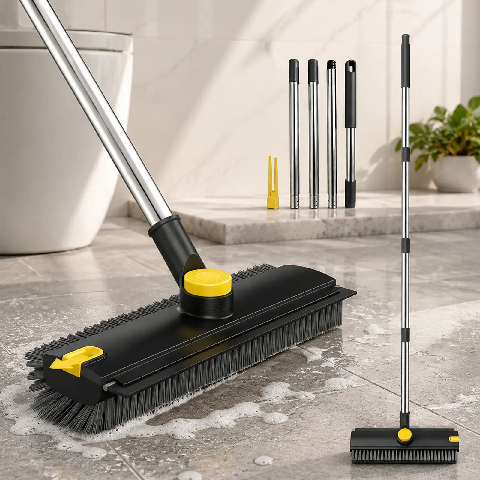 Heavy Duty 3-in-1 Floor & Bathtub Scrub Brush with Adjustable Extended Handle, Hard Bristles and Built-in Squeegee, Scrubbing & Scraping Cleaning Brush for Bathroom Walls, Kitchen, Garage and Outdoor Deck