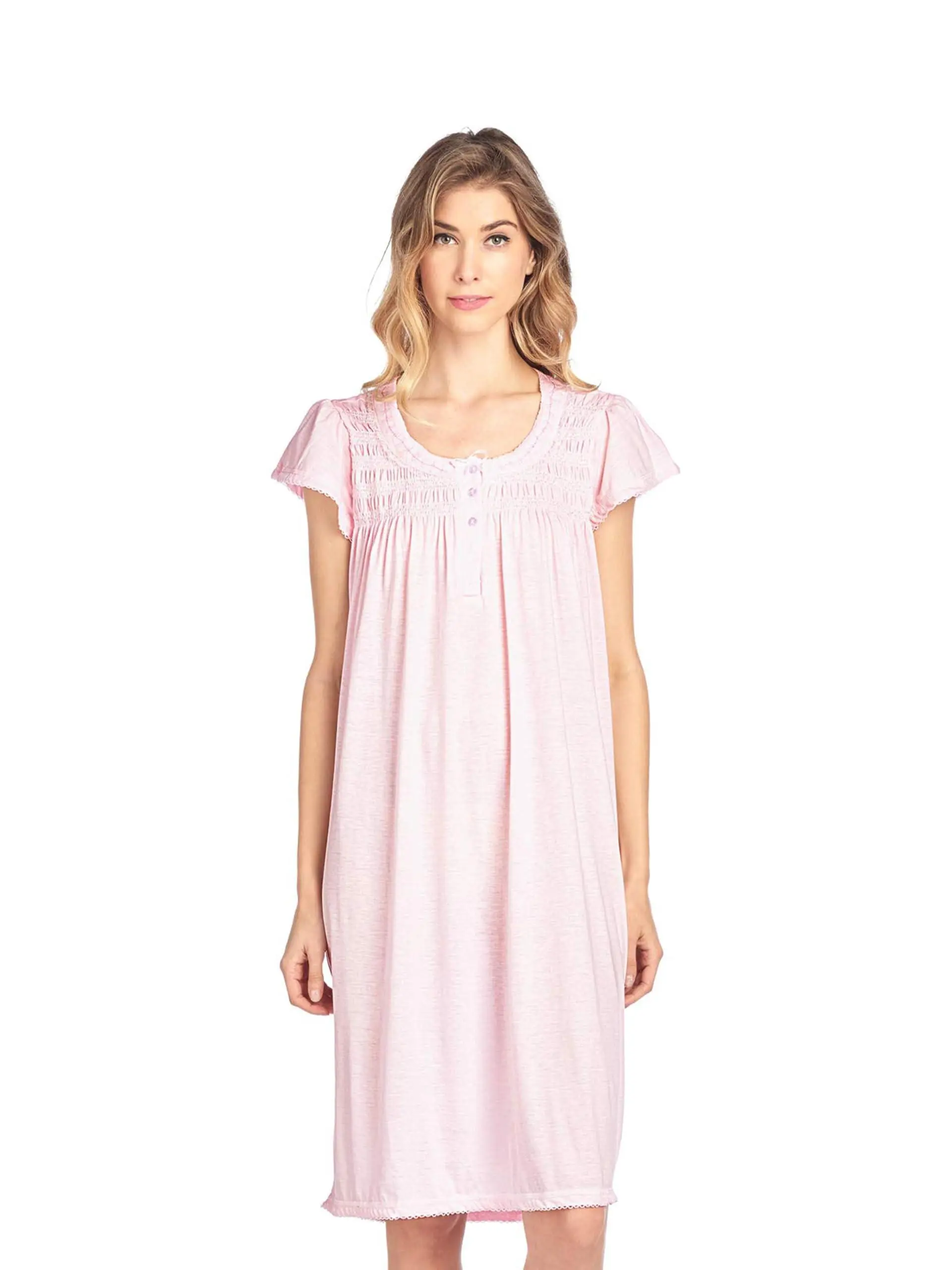 Casual Nights Women's Floral Embroidered Lace Printed Cotton Blend Duster Nightgown - Soft Light Lounger with Short Cap Sleeves, Flower Accent Night Gown for Women, Elegant, Knit, Button, Relaxed Fit, 3X, 4X, Duster Look, Lace Accents, Shirt, Lady, Round,