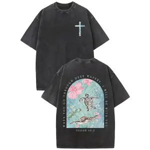 Women's Isaiah 43:2 Christian Tropical Short-Sleeve Round Neck Graphic T-Shirt, Vintage Washed Oversized Top, Hibiscus Cross Print Soft Cotton Casual Faith-Based Streetwear Shirts for Women