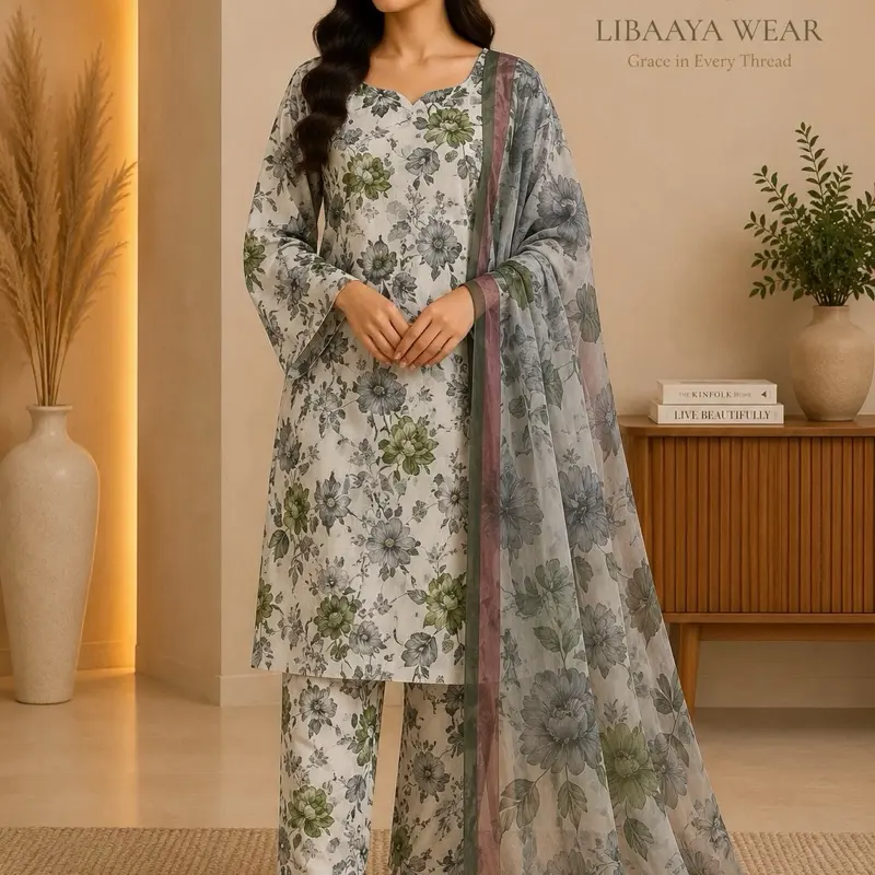 LIBAAYA Wear Women’s 3-Piece Lawn Salwar Kameez Floral Printed Suit with Dupatta