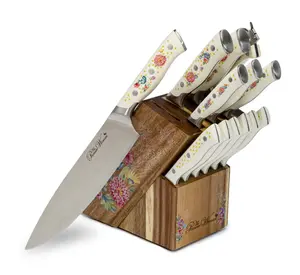 The Pioneer Woman Pioneer Signature 14-Piece Stainless Steel Knife Block Set, Floral,Gray,Periwinkle,Red