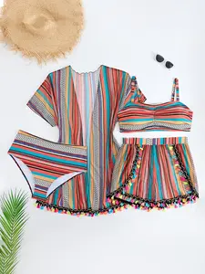 Plus Size Bikini Swimsuit Set, Ruched Top & Geometric Pattern Bottoms, Multicolor Fringe Front Cover & Shorts, Summer Beachwear, Swimwear Set
