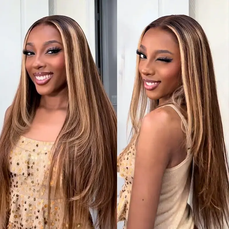 Arabella Hair 4/27# Highlight Honey Blonde 13x6 Ear to Ear Glueless Lace Front Wig 3-Step No Glue Installation 100% Human Hair Silky Straight