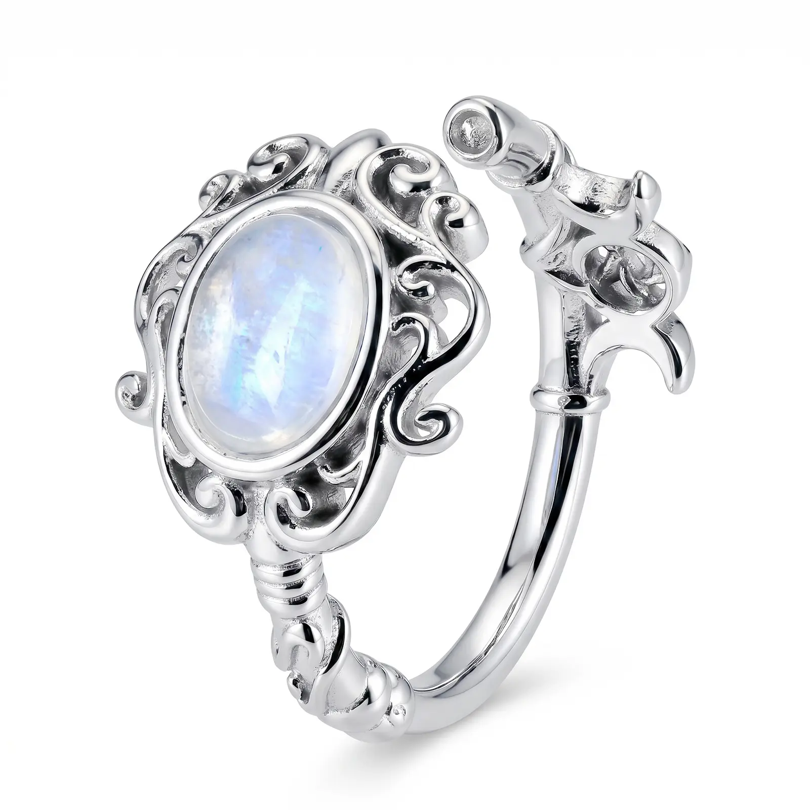 ixluck Natural Moonstone Adjustable Key Ring Natural Crystal Triple Moon Ring, Wiccan Pagan Emotional Balance Talisman, Meaningful Gift for Witch, Natural Gemstone Ring, Invisible