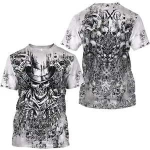 Men's short-sleeved T-shirt featuring an all-over black-and-white skull print combined with Western-style top hat motifs; designed with a loose, casual fit.