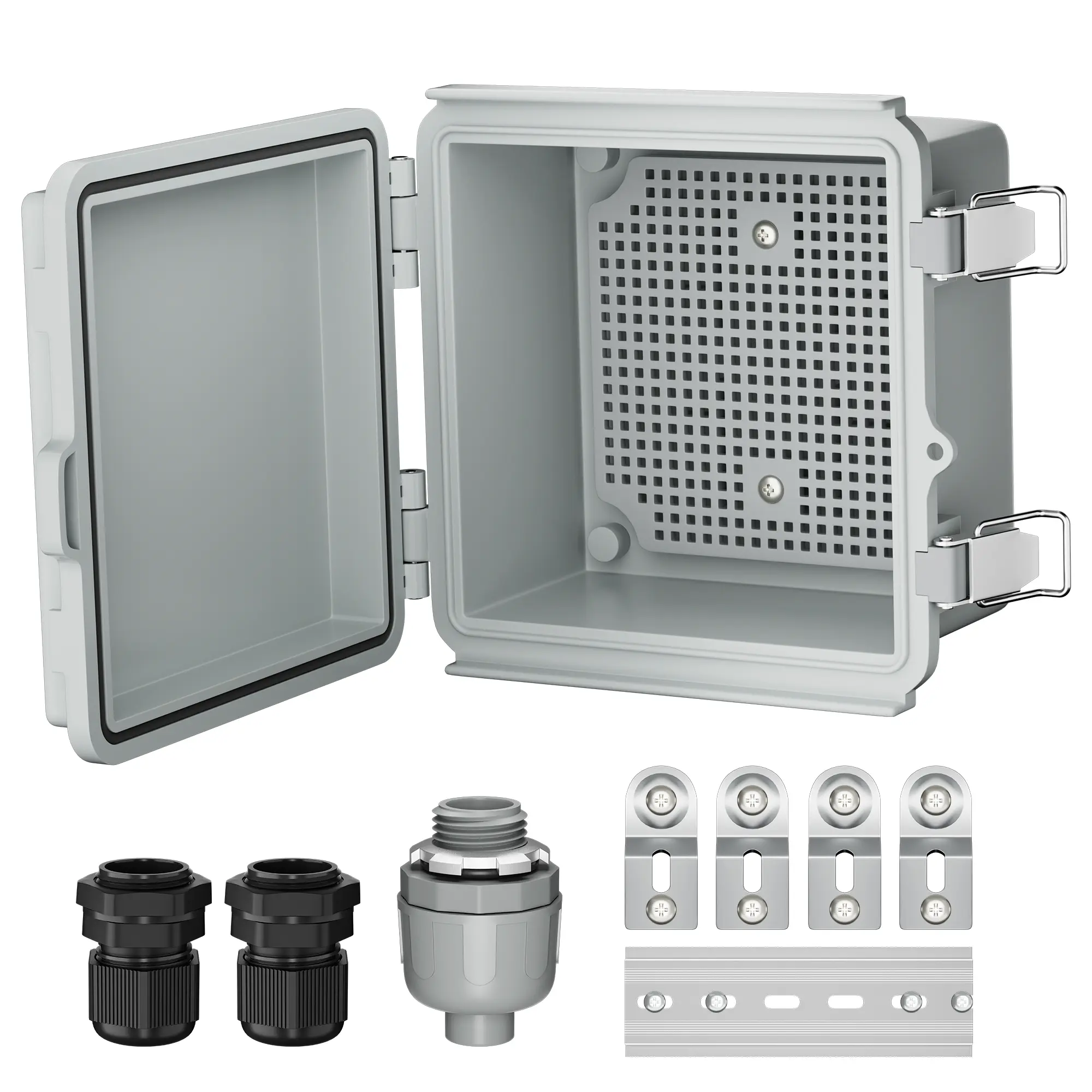 Eunik IP67 Waterproof ABS Plastic Outdoor Electrical Box with Lid, 6x6 Project Enclosure, Stainless Steel Hinge & Latch, NPT1/2"-Liquid Tight Connector, Cable Glands for Marine Motorcycle Electronics (DIN Rail, DIY Users Compatible)