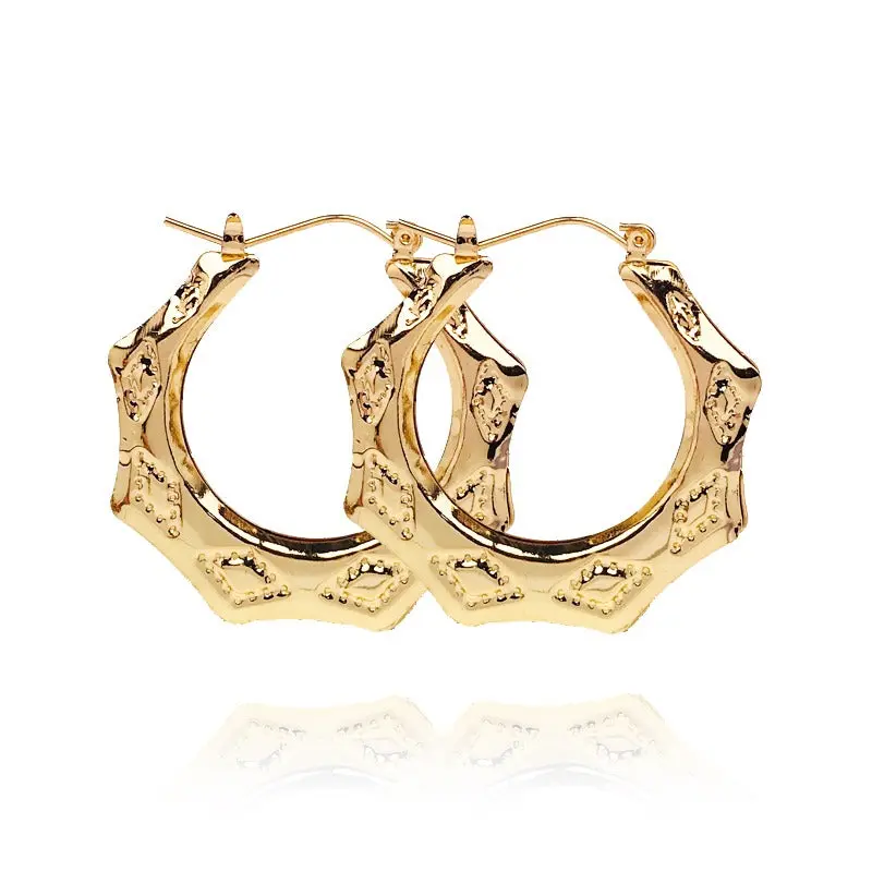High Quality Earrings for Women - 18-Karat Layered Real Gold-Filled Round Bamboo Hoop Statement Earrings with Gold Accents, Style #54, Earring For Women