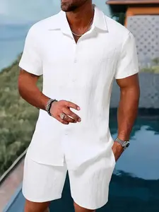 Men's Summer Jacquard Shirt and Plain Short Pants Set, Casual Sporty, Button Front Design, Above Knee Hem, Spring & Fall Wear