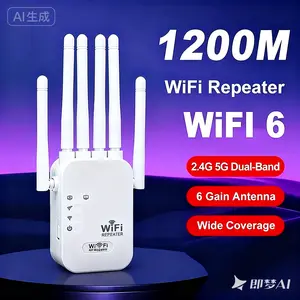 WiFi Extender 2026 6-Antenna Strong Signal, 1200Mbps Dual Band (5GHz/2.4GHz) Booster, Covers 12,000 sq.ft & 100 Devices, Repeater with Gigabit Port & AI Connectivity, Ideal for Home Studios, Remote Workspaces, VR Areas