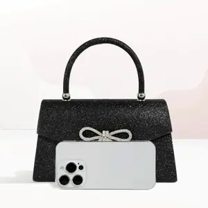 Luxury Black Glitter Handbag with Crystal Bow Evening Party Purse for Stylish Occasions