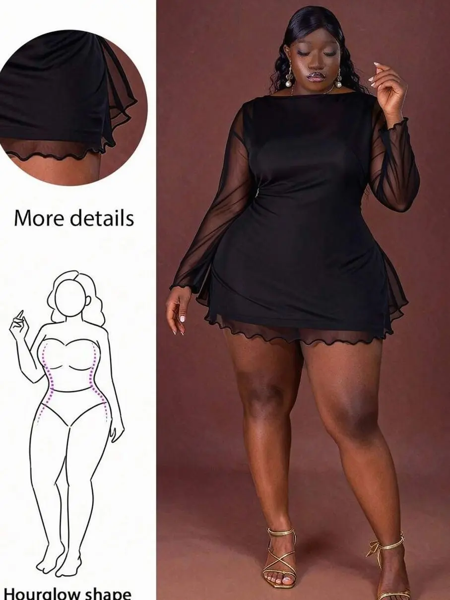 Plus Size Black Mini Dress, Elegant High Street Short Sleeve Casual Party Dress