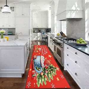 1 Piece Red with Many Cute Gingerbread Man Patterns Kitchen Mat, Containing Common Christmas elements, Christmas winter decorations, diatomite material, absorbent and non-slip, home decor