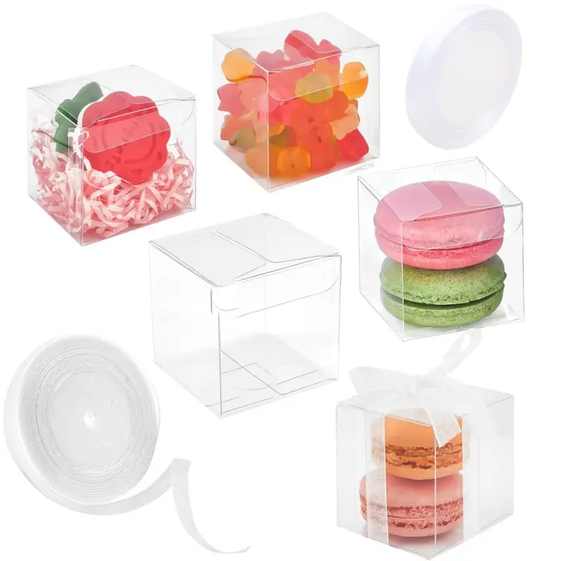 100Pcs 2x2x2 Inches Clear Single Macaron Boxes with 2 rollsWhite Satin Ribbon, Pop-Up Transparent Plastic Cube Gift Boxes for Cupcakes, Cookies, Wedding Party Favors, Candy, Mini Dessert Packaging