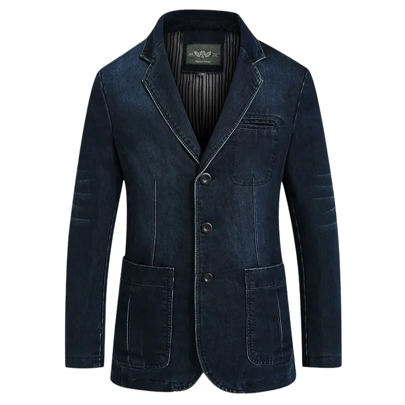 Men’s 100% cotton denim casual suit jacket — washed distressed, slim fit, single-breasted blazer; men’s pure cotton denim suit jacket; men’s business casual washed denim small suit jacket top