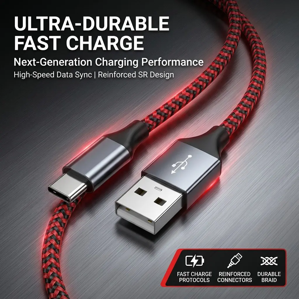 Ultra-Durable Fast Charge Cable Red 78.74 Next-Generation Charging Performance High-Speed Data Sync Reinforced SR Design