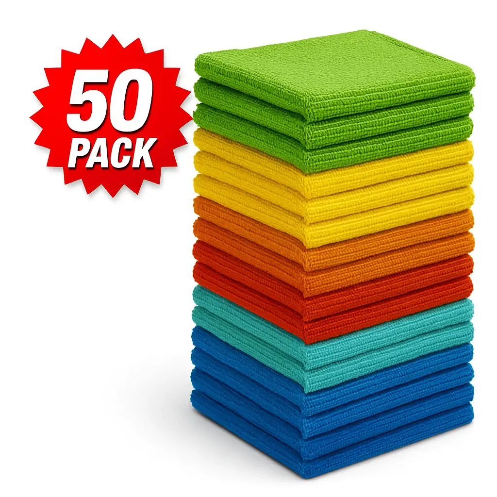 Premium Synthetic Microfiber Cleaning Cloth Set (50Pcs, 12x12in) - Eco-Friendly, Super Absorbent, Lint-Free, Durable, Reusable Microfiber Towel for Daily Car/Home/Kitchen, Desk Use - Boxed, Orange, Green, Yellow, Red, Blue, Multi-Surface