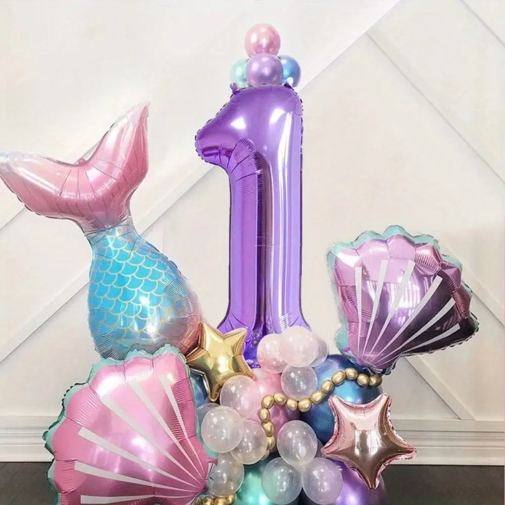 33-piece mermaid-themed purple aluminum foil balloon set, including 32-inch purple gradient mermaid tail balloon and colorful aluminum foil balloons shaped like seashells and stars, suitable for birthday parties, Party Balloons Decorations Set