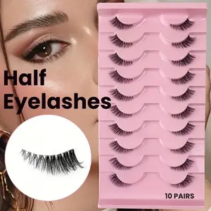 Natural Half Lashes, 10 Pairs Dense Cat Eye Style, 10mm Transparent Band Short False Eyelashes, Chemical Fiber Material, No Ca Prop 65 Warning, High Quality Eyelashes