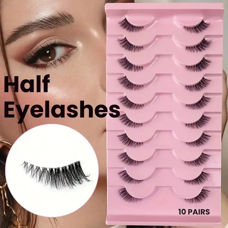 Natural Half Lashes, 10 Pairs Dense Cat Eye Style, 10mm Transparent Band Short Cosmetic False Lashes, Chemical Fiber Material, No Ca Prop 65 Warning, High Quality Eyelashes