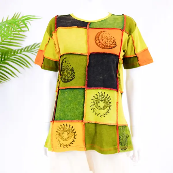 Patchwork Blockprint T- Shirt, Festival Hippie Style Top, Unisex Grunge T-shirt, 90s Fashion Half sleeve Crop Top, Boho Style Earthy Tone Blouse, Mushroom Print Pull Over