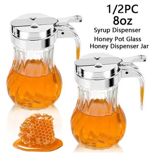 2Pcs 8oz Syrup Dispenser Honey Pot Glass Honey Dispenser Jar, Maple Syrup Dispenser, Honey Container, Commercial Quality With Handle Honey Dispenser for Home Kitchen Storag, Flip Jar, Empty Refillable Bottle