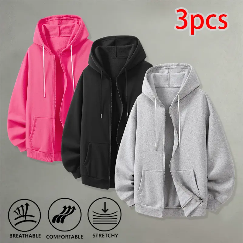 3 PCS Unisex Solid Color Oversized Zip Up Hoodies Casual Long Sleeve Drawstring Hooded Sweat Jackets Soft Brushed Fleece Loose Fit Hooded Tops With Kangaroo Pockets For Daily Loungewear Outdoor Walking Campus Streetwear Travel Weekend Casual Layer Outfits
