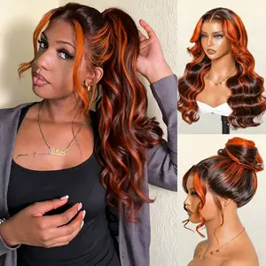 【 Salon Style at Home 】Ginger Highlights On Brown Hair 360 Lace Frontal Invisi Strap Skin Lace Invisi Drawstring Snug Fit Body Wave Human Hair Wig#Summervibes