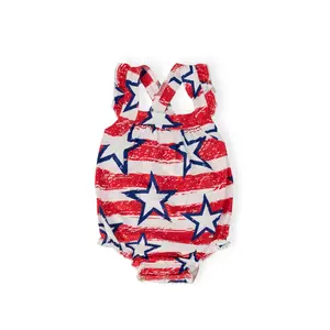 Stars & Stripes Ruffle Cross Back Romper for Toddler & Girls - Sleeveless Baby Girl Casual Summer Outfit – Cute Print Romper Dress – Perfect Gift For Baby Shower, Easter & Christmas