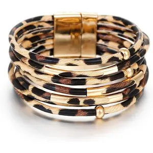 Fesciory Boho Leopard Multi-Layer Crystal Beads Cuff Bracelet for Women Handmade High-Quality Leather Braided Rope Wrap with Magnetic Buckle Jewelry