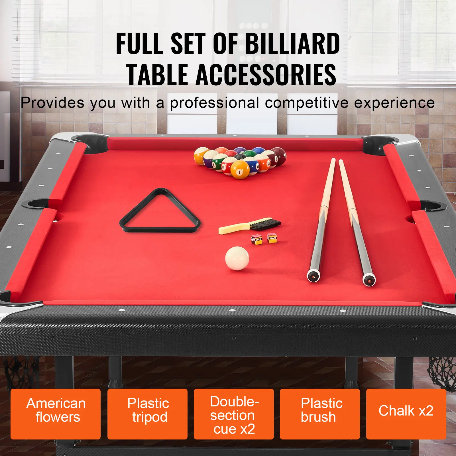 VEVOR Billiards Table, 7 ft Pool Table, Portable Foldable Space-Saving Table, Billiard Table Set Includes Balls, Cues, Chalks and Brush, Black with Red Cloth, Perfect for Family Game Room