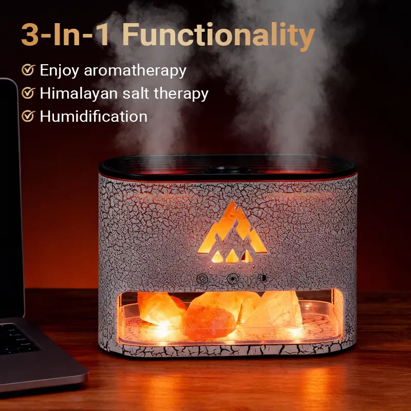 Himalayan Salt Lamp FlameRock 3-in-1 250ml Silent Cool Mist Flame Diffuser Humidifier - Minimalist Natural Salt Aromatherapy Machine, Essential Oil Diffuser, Ambient Flame Nightlight, Jellyfish Mist LED, Negative Ions, Timer, Auto Off for Home, Office