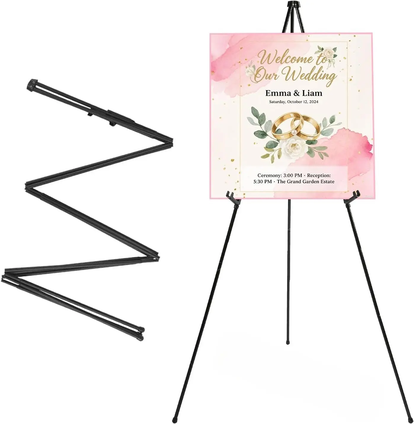 Foldable Metal Tripod Easel Stand, Adjustable Height Display Easel for Wedding Welcome Sign, Poster, Canvas Art, Portable Floor Sign Holder, Sturdy Metal Display Stand for Party, Exhibition, Retail Display Indoor Outdoor