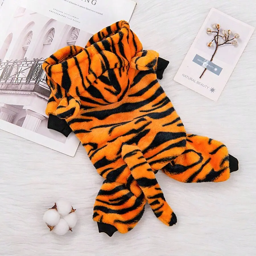 Pet Hoodie Fall Winter Fleece Tiger Transformation Small Dog Clothes, Cozy Four-Legged Pet Apparel, Stylish Animal Costume