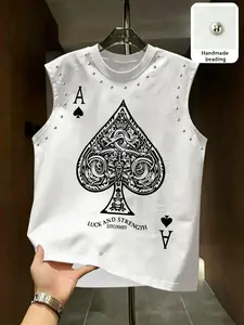 High Street Style Streetwear Ace Rivet Sleeveless T-Shirt, American Vintage Retro Punk Fashion, Loose Fit, Trendy Casual Summer for Men, Menswear