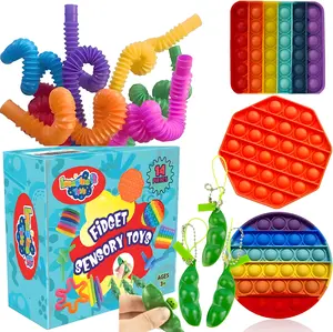 Fidgets Packs 14 pcs, 3 Bubble Popper Toys, 3 Peapod Toy Fidget Keychains, 8 Colorful Fidget Tube Sensory Tubes, Fidget Pop Tubes, Figit Pack Popper Toy Autistic ADHD Silent