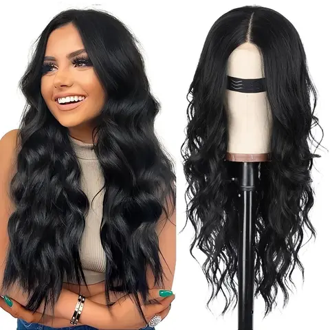 AISI HAIR Women's 26-Inch Long Wavy Middle Part Synthetic Lace Wig - Adjustable, Glueless Frontal, Heat Resistant, Natural Looking, 260g Full Machine Wig, Bob Style for Daily Wear & Wedding