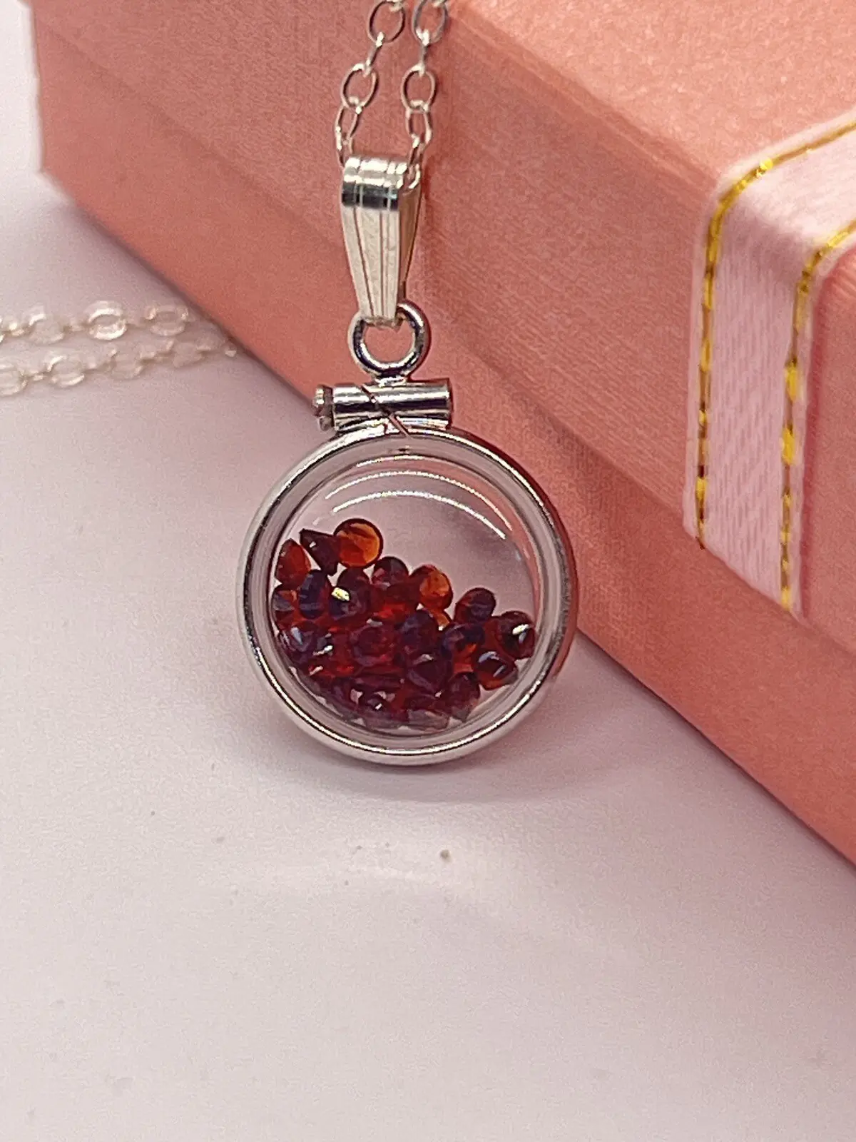 Diminutive Silver Garnet Shaker Locket Lucite, January Birthstone. 1.65 TCW