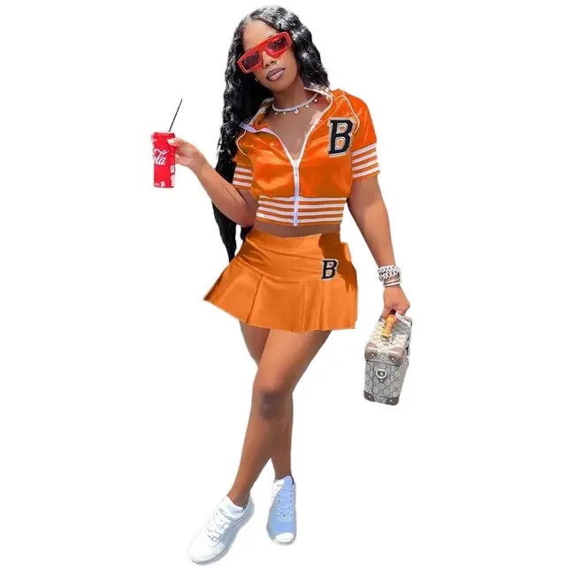 Women Short Sleeve Varsity Skirt Sets Womenswear jacket woman