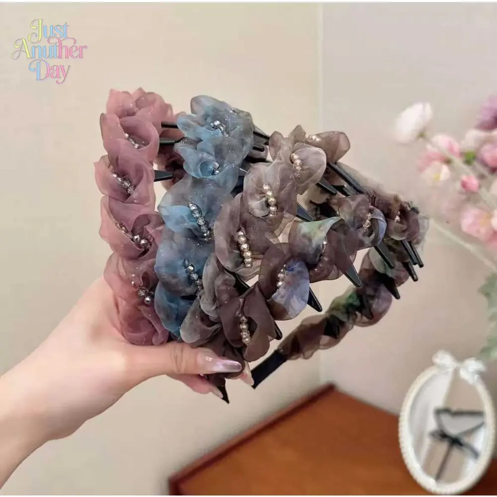 Ombre Tulle & Beaded Headband, Volumizing Top Design, Flyaway-Fixing Stylish Press Headband for Daily Sports & Outdoor Use, Headbands
